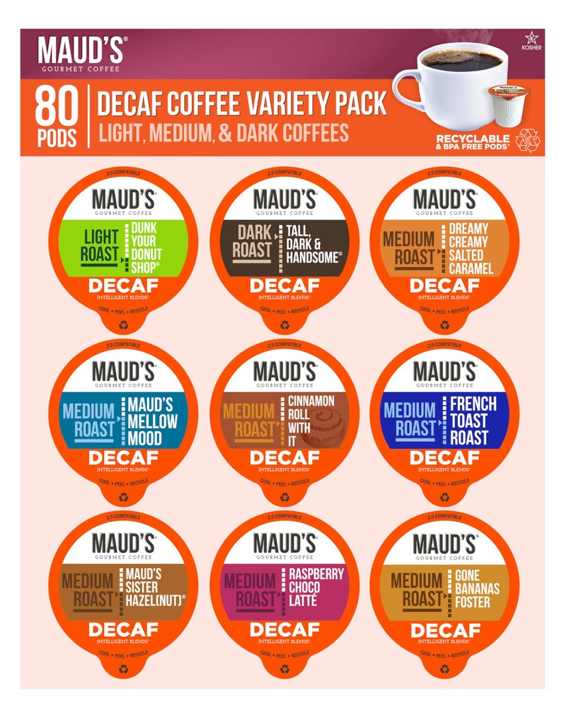 Maud's Decaf Coffee Pods Variety Pack, 80 ct, 9 Assorted Roasts & Flavors, Decaffeinated Medium Roast Coffee in Recyclable Single Serve Pods - 100% Arabica Coffee, Compatible with Keurig K Cups Maker - Image 1